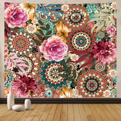 MEHOFOND Tapiz floral bohemio, colorido floral para colgar en la pared, diseño bohemio multicolor con mandala y flores, paisajes de naturaleza