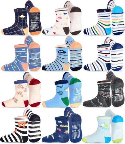 GRPSKCOS Calcetines antideslizantes para niños pequeños, 12 pares de calcetines antideslizantes para niños y niñas de 1 a 7 años