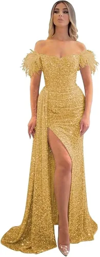 Miniatura 14 de Vestidos de fiesta de lentejuelas con hombros descubiertos, vestido formal de sirena brillante, vestido largo de fiesta de noche con abertura