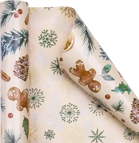 Miniatura 2 de RUSPEPA Reversible Christmas Wrapping Paper Roll, Mini Roll, Gingerbread Pinecone and Snowflake Design Gift Wrap for Christmas Presents, Winter