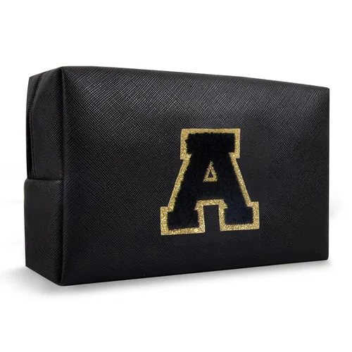 Miniatura 321 de Pequeña bolsa de maquillaje personalizada con inicial A-Z Preppy Patch, bolsa de cosméticos de viaje de felpilla blanca con cremallera, bonita bolsa