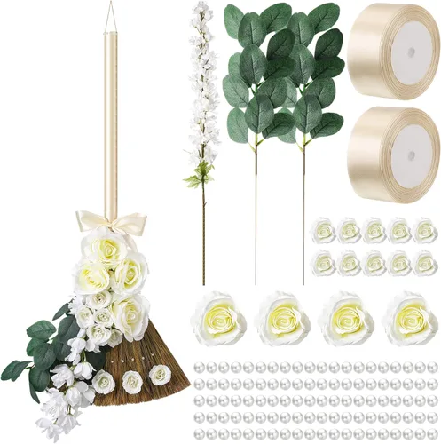 Yungyan Escobas de boda para ceremonia de salto, novia, novio, escobas de batidor de bricolaje de 11.81 x 25.2 pulgadas con cintas, perlas