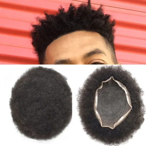 Miniatura 22 de Pelucas afro rizadas para hombre, con encaje francés, de 10 x 8 pulgadas, completamente transparente, de repuesto, sistema de cabello humano rizado