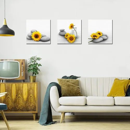 Miniatura 2 de Biuteawal Lienzo de girasol para pared, 3 piezas, pintura amarilla y gris, relajante con piedra zen, ilustraciones impresas para spa, baño, sala