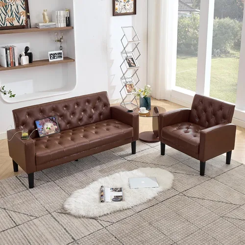 Miniatura 17 de TYBOATLE Sofá loveseat de 62" de ancho con 2 puertos de cargador USB y 2 portavasos, sofá de amor pequeño tapizado de cuero negro estilo moderno