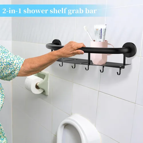 Miniatura 3 de Barra de Agarre para Ducha Negra con Estante de 18 Pulgadas, Zepolu Estante para Champú de Acero Inoxidable con Barra de Agarre, Estantes de Baño