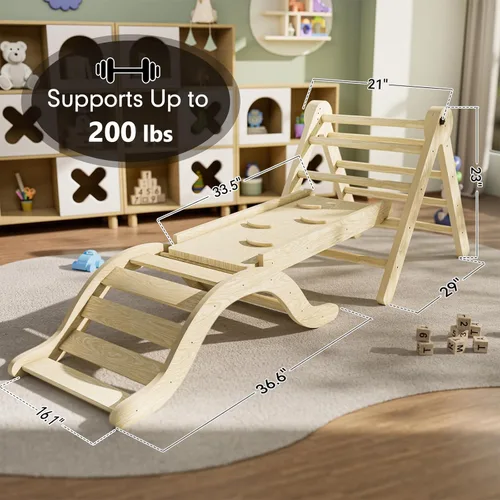 Miniatura 6 de bbgroundgrm Pikler - Juego de triángulos escalador 5 en 1, juguetes de escalada para niños pequeños plegables con rampa y arco para gimnasio