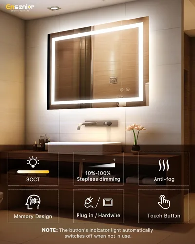 Miniatura 3 de Ensenior Espejo de Baño LED de 40" x 32" con Luz Frontal y Posterior, Espejos de Pared Regulables sin Escalones con Anti-Empañamiento, A Prueba