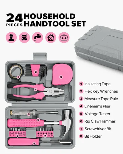 Miniatura 4 de Kit de herramientas de bricolaje para el hogar, oficina y garaje, juego de herramientas de mano pequeñas de reparación general con estuche de Rosa