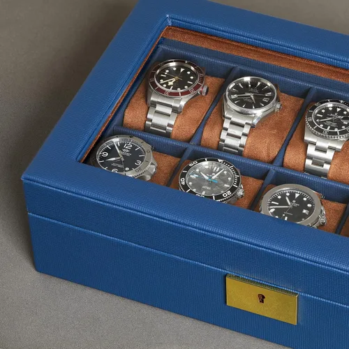 Miniatura 8 de ROTHWELL Caja de reloj de cuero con 10 ranuras, organizador de joyas de lujo, soporte para reloj con tapa de cristal grande, organizador de caja