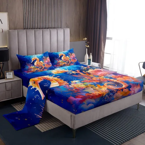 Miniatura 37 de Erosebridal Juego de sábanas de ballena náutica, tamaño individual, juego de ropa de cama vintage azul con ondas oceánicas para niños y niñas