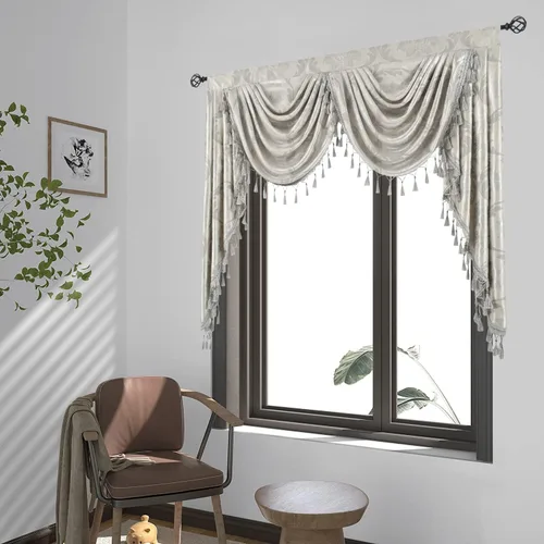 Miniatura 9 de Cenefas florales europeas color gris plateado para ventanas, cenefas de cascada de damasco con borlas de cuentas - Cenefa de ventana en cascada