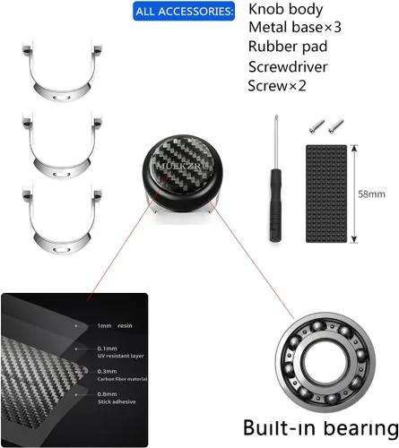 Miniatura 5 de muekzru Pomo giratorio para volante compatible con cualquier volante, fibra de carbono y pomo de rodamiento de bolas de metal para automóvil