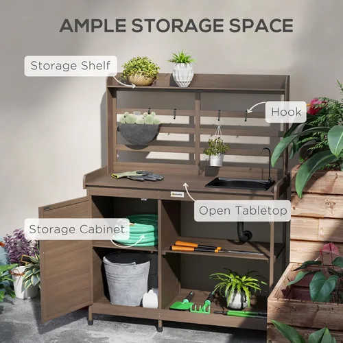 Miniatura 4 de Outsunny Banco de Jardinería Exterior de Madera con Mesa y Fregadero y Grifo, Estación de Trabajo de Jardín con Gabinete de Almacenamiento, Estantes