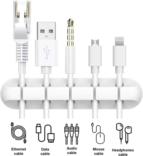 Miniatura 5 de Organizador de cables, paquete de 2 (5 ranuras + 3 ranuras), soporte de gestión de cables de silicona con fuerte adhesivo para escritorio, automóvil