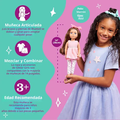 Miniatura 4 de Glitter Girls – Muñeca de moda de 14 pulgadas – Cabello castaño y ojos azules – Vestido rosa, zapatos brillantes y lazo para el cabello – Muñecas