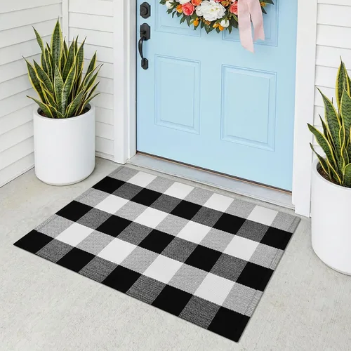 KOZYFLY - Alfombras de área a cuadros de búfalo de 2x3 pies, alfombra a cuadros en negro y blanco lavable, alfombra de puerta delantera tejida a