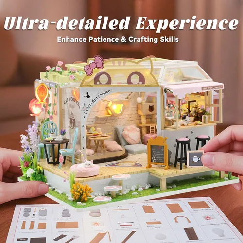 Miniatura 3 de Flever Kit de casa de muñecas en miniatura para bricolaje, habitación creativa con muebles para regalo romántico de San Valentín (Cat Cafe Garden)