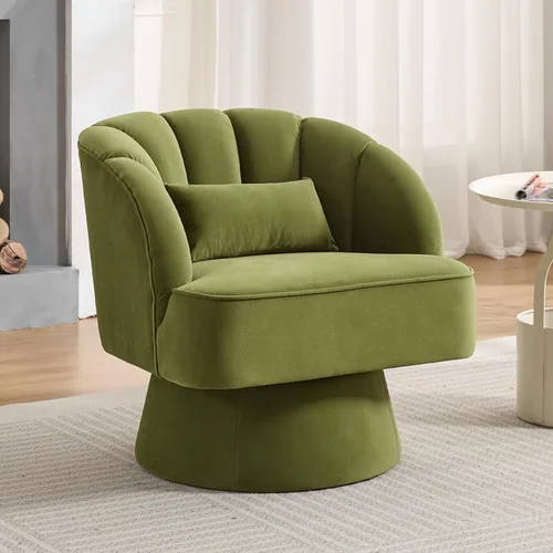 Miniatura 28 de GarveeHome Silla de acento moderna giratoria de barril, sillón tapizado de terciopelo de 360 grados con respaldo a rayas y acolchado suave, cómoda