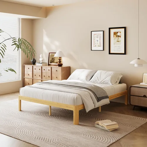 Miniatura 20 de Cama de plataforma de madera individual XL de 12 pulgadas, marco de cama de madera de mediados de siglo, tamaño individual XL, no necesita somier