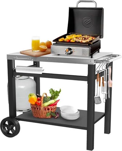 Mesa de Parrilla GRILL FORCE, Carro de Comedor Móvil, Soporte de Mesa para Horno de Pizza, Soporte de Parrilla de Doble Estante, Carro de