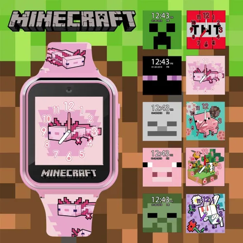 Miniatura 3 de Minecraft - Reloj inteligente para niños, diseño de ajolote rosa, 10 caras de reloj, contador de pasos, cámara selfie, calculadora