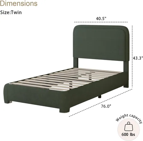 Miniatura 3 de Base de cama BarnFurin de tamaño individual, base de cama tapizada de tela con cabecero, estilo moderno, esquinas suaves y redondeadas, no hace Verde