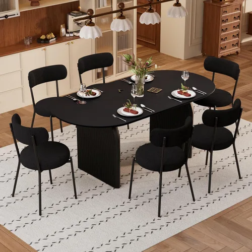 Miniatura 3 de Juego de mesa de comedor ovalada moderna de 70 pulgadas con 6 sillas de tela Boucle, mesa de MDF y base resistente a rayas, muebles de cocina