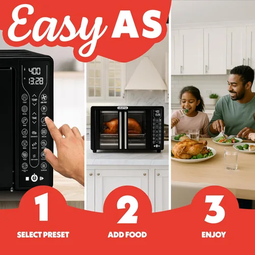 Miniatura 9 de Gourmia FryForce - Horno tostador con freidora de aire para puerta francesa, capacidad de 6 rebanadas, 360°, pantalla digital con 17 ajustes Negro