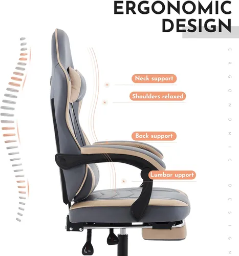 Miniatura 4 de Silla ergonómica de cuero para juegos con reposapiés, cómoda silla de juegos beige con cómodo reposacabezas y soporte lumbar para adultos, niños