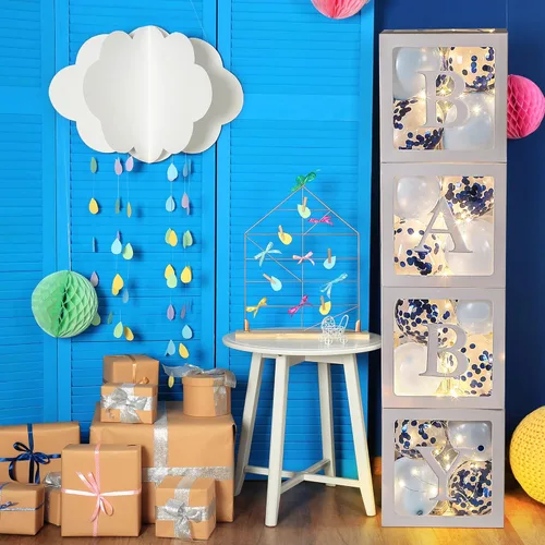 Miniatura 8 de Decoraciones de caja de globos para baby shower, 4 bloques de bebé transparentes con letras "Baby Girl", paquete de 4 luces LED de hadas y 40 globos
