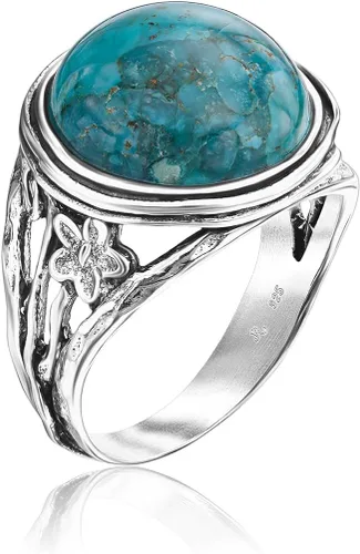 Anillo llamativo de plata de ley 925, color verde, redondo, cabujón, hojas florales, turquesa, vintage, antiguo, aspecto casual, hipoalergénico, sin