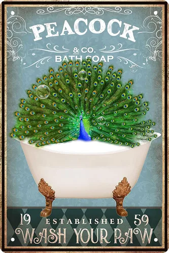 Divertido cartel de metal vintage con diseño de pavo real para decoración de baño y bañera, cartel de estaño para amantes de mascotas, regalo para