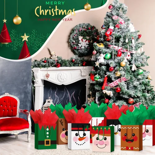 Miniatura 6 de Cholemy 16 piezas de bolsas de regalo de Navidad medianas gruesas con papel de seda, bolsas de papel kraft de Navidad con asas para envolver regalos