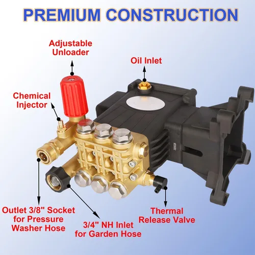 Miniatura 3 de Biswing Bomba para Lavadora a Presión, Eje de 1" Horizontal Émbolo Triple, 4400 PSI Máximo, 4 GPM, Bomba de Transmisión Directa con Descargador