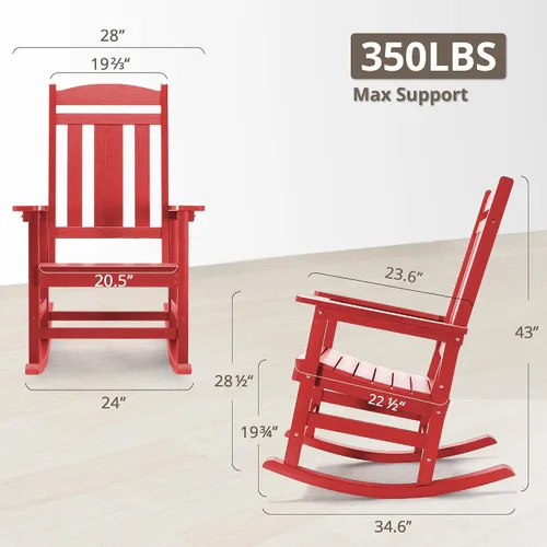 Miniatura 2 de LUE BONA - Silla mecedora para exteriores, resistente al clima, de polipropileno, 350lb de capacidad, balancín de porche de gran tamaño para Rojo