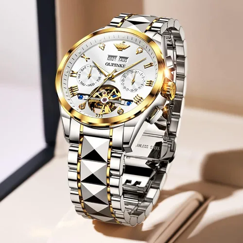 Miniatura 4 de OLEVS Relojes mecánicos automáticos de esqueleto para hombre, 5ATM, impermeable, tungsteno, acero inoxidable, cuerda automática, relojes de pulsera