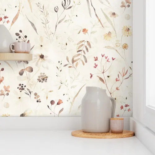Miniatura 8 de Spoonflower Papel tapiz autoadhesivo de 9 x 2 pies, papel tapiz extraíble de acuarela de botánicos neutros con diseño floral beige