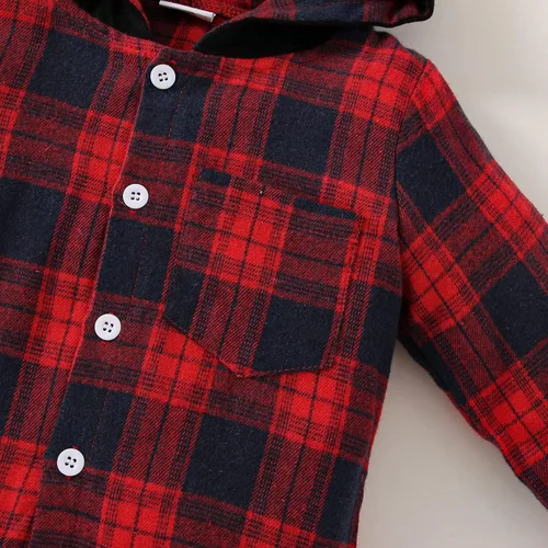 Miniatura 6 de Ropa para bebés y niños pequeños, conjuntos de otoño e invierno, con botones, camisa a cuadros con capucha y pantalones