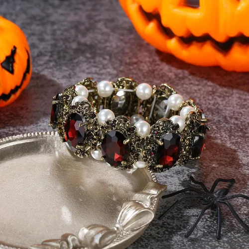 Miniatura 5 de BriLove Pulsera elástica ovalada inspirada en camafeo con perlas de imitación de cristal de estilo victoriano