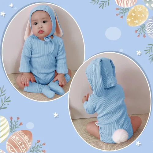 Miniatura 4 de Xifamniy Traje de conejo de Pascua para bebé, mameluco con orejas de conejo 3D para bebé recién nacido, Azul