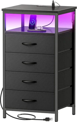 Miniatura 17 de Huuger - Mesita de noche con estación de carga y luces LED, mesita de noche con 2 cajones, mesa auxiliar de cama con estante abierto, mesa auxiliar