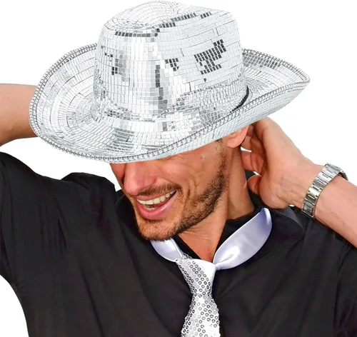 Miniatura 4 de Sombrero de vaquero de bola de disco para hombres y mujeres, con purpurina brillante, color plateado, sombrero de vaquera con espejo