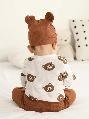 Miniatura 117 de Conjunto de 3 piezas de ropa de bebé recién nacido con estampado de manga larga + pantalones + sombrero
