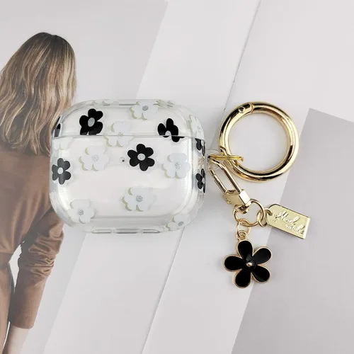 Miniatura 5 de Funda compatible con AirPods 3 2021, TPU suave con bonito patrón de flores para AirPods de 3ª generación con llavero de flores y mosquetón para Negro