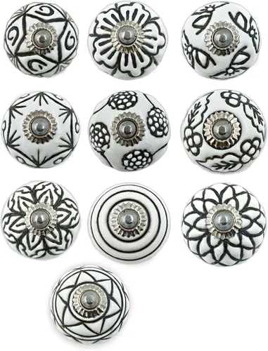 Set de 10 perillas de cerámica coloridas para gabinete, cocina, cajón, armario (negro y blanco)