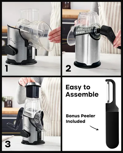 Miniatura 7 de Joined Rallador rotativo de queso con mango - Cortador de mandolina con 3 cuchillas de tambor de acero inoxidable, cortador de verduras, nueces