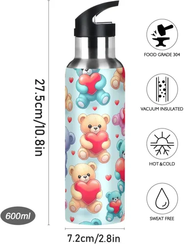 Miniatura 9 de Insulated Water Bottle 32 Oz, BPA-Free Sports Water Bottle with Straw for Gym Outdoor Travel School, Cute Bears Red Hearts