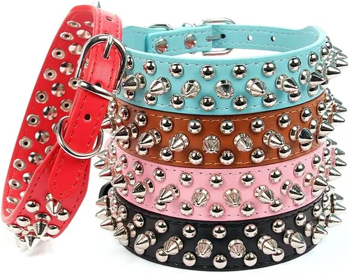 Miniatura 17 de Collar ajustable de piel sintética con remaches de clavos para gatos, cachorros y perros.