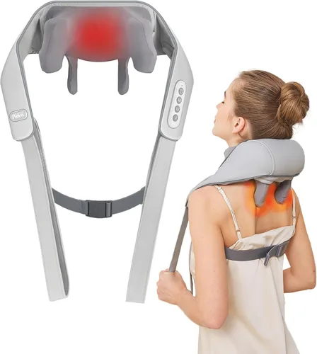 Masajeador inalámbrico de cuello y hombros con calor, amasamiento de tejido profundo que alivia la tensión, mejora la circulación, regalos para Gris